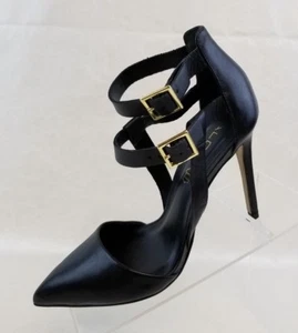 Aldo Pointy Toe Stiletto Heels Black Leather Double Buckle Straps Shoes Size 6.5 - Picture 1 of 11