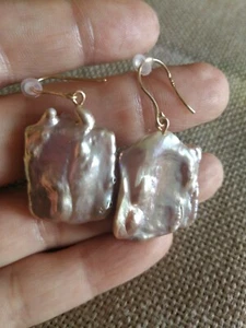 Natural lavender colour baroque keshi style pearl drop Earrings solid 9ct gold - Picture 1 of 5