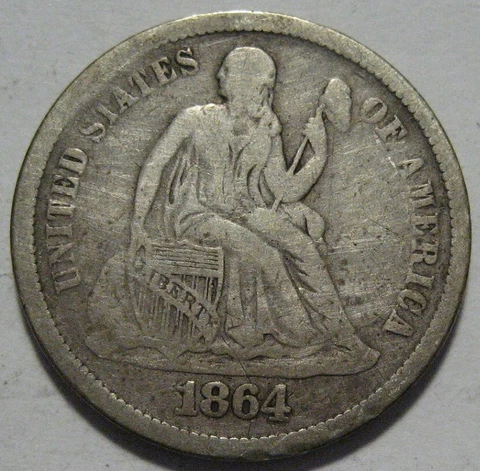 = 1864-S FINE SEATED DIME, Low Mintage 230K, SCRATCHED Reverse, FREE Shipping Cover