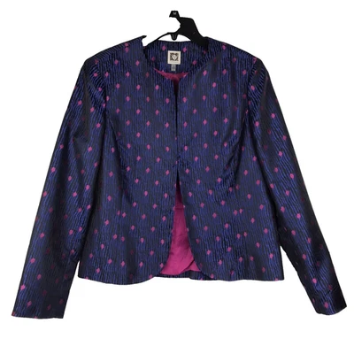 Anne Klein Blazer Jacket Lined Blue Black Stripe Pink Dots Size 14 - Image 1 of 4
