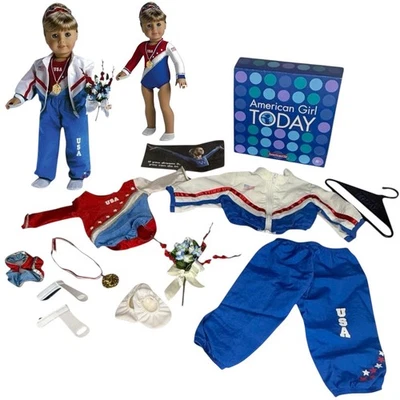 Conjunto de gimnasia patriótica American Girl 2 en 1 medalla de oro de Estados Unidos leotardo abrigo pantalón caja Foto 1 de 4