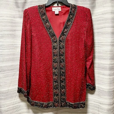 De Colección Laurence Kazar Años 80 Cuentas Lentejuelas Seda Grande Cárdigan Chaqueta Rojo Navidad Foto 1 de 4
