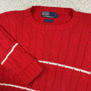 Men's Polo Ralph Lauren Cable Knit Sweater Crew Medium Red White Stripe - Picture 1 of 5