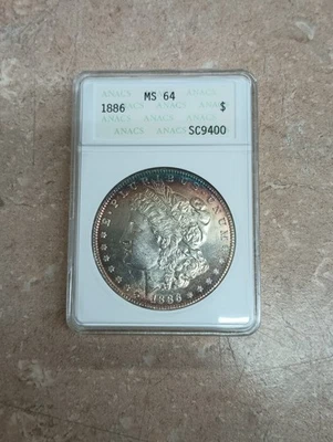 Dólar de plata Morgan 1886 ANACS MS64 con tonificación Foto 1 de 4