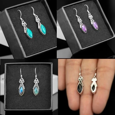 Sterling Silver 925 Ladies Marquise Gemstone Amethyst Onyx Garnet Drop Earrings - Image 1 of 2