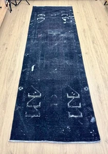 3x8 Vintage Turkish Rug Runner, Handmade Wool Rug, Oushak Rug, Black Navy Blue - Picture 1 of 9