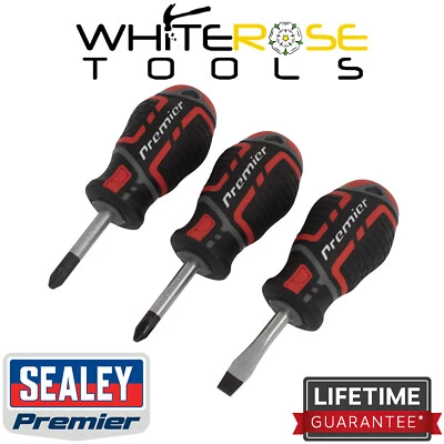 Sealey Stubby Screwdriver Set 3pc GripMAX Premier Slotted Phillips Pozi Magnetic - Image 1 of 3