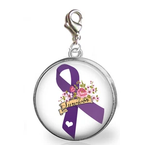 Purple Ribbon Survivor Clip On Charm Awareness Support Handcrafted Photo Jewelry - Picture 1 of 1