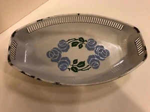 Blau-weiße Emaillegeschirr ovale Brot Servierschale mit blauen Blumen ~ Vintage ~ EN72 - Bild 1 von 9