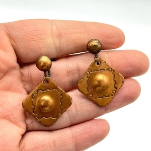 Vintage Copper Earrings Geometric Diamond Shape Screw Back Patina Statement - Picture 1 of 4