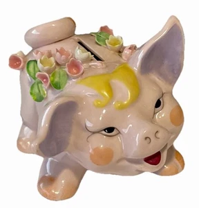 VINTAGE LEFTON CHINA APPLIED FLOWERS HAND PAINTED PIGGY BANK WITHOUT STOPPER - Picture 1 of 15