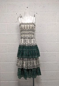 Tory Burch 100% Cotton Dress Paisley Bandana Pattern Tiered Green White - Size L - Picture 1 of 6