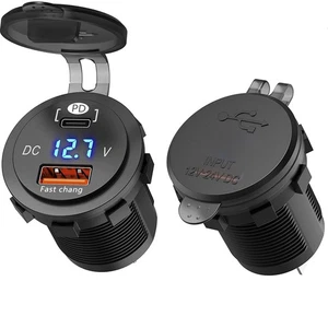 12V-24V PD + QC3.0 Dual USB Car Fast Charger Power Socket Outlet LED Voltmeter - Picture 1 of 13