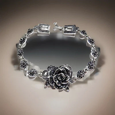 "Brazalete Art Nouveau Deco Tono Plata Eduardiano Marcasita De Colección Estilo TexasRose 7""" Foto 1 de 4