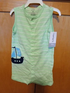 Carters Sail Boat Overalls Bibs Romper Boy Girl Size 12 Months Green Stripes New - Picture 1 of 4