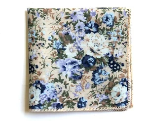 Blue Beige Floral 100% Cotton Pocket Square Handkerchief NEW 8 inches - Picture 1 of 2