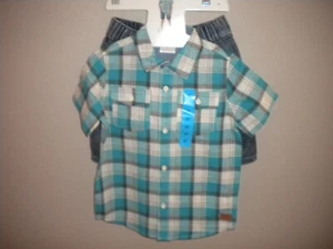 Koala Kids Toddler Boys Size 4T 2 Piece Teal Plaid Shirt Black Denim Shorts Set - Picture 1 of 3