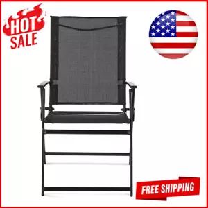 Patio Chair Steel Sling Foldable W/ Back Armrest 2 Pieces Outdoor Deck Garden US - Picture 1 of 9