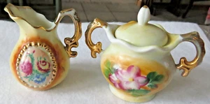 Small Creamer & Sugar Bowl w/Cover Painted Porcelain / Ceramic Yellow Pink Tones - Picture 1 of 18