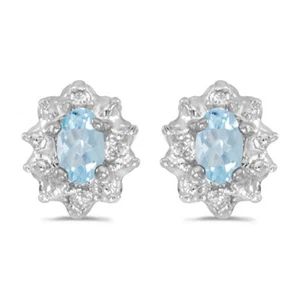 14k White Gold Oval Aquamarine And Diamond Earrings - Picture 1 of 2