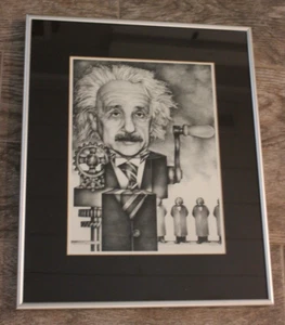 Vintage Albert Einstein Machine Copier Maker. Art Print Framed Matted B & W. - Picture 1 of 6