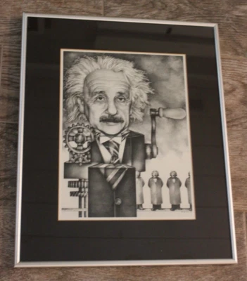 Vintage Albert Einstein Machine Copier Maker. Art Print Framed Matted B & W. - Image 1 of 4