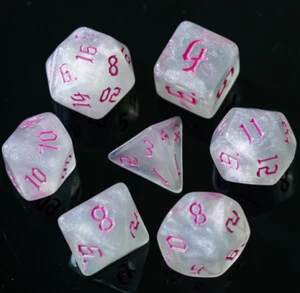 White Shimmer Acrylic Polyhedral Dice Set w/ Pink Gothic Font / TTRPG / D&D Dice - Picture 1 of 5