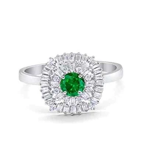 Halo Engagement Ring Round Baguette Simulated CZ 925 Sterling Silver - Picture 1 of 31