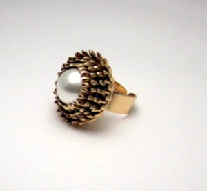 Women's Ring Flower with Pearl Big Vintage Style Antique Years 50 Italian Golden - Picture 1 of 13