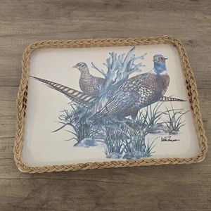 Dunlicraft Tray Pheasant Scene Wicker Raised Edge & Carry Handles Retro Drinks - Picture 1 of 9