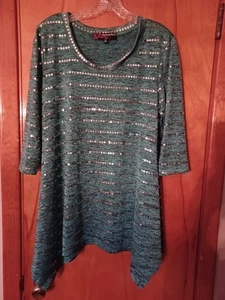Top túnica manga 3/4 lentejuelas verde azulado Peck & Peck talla M - Imagen 1 de 10