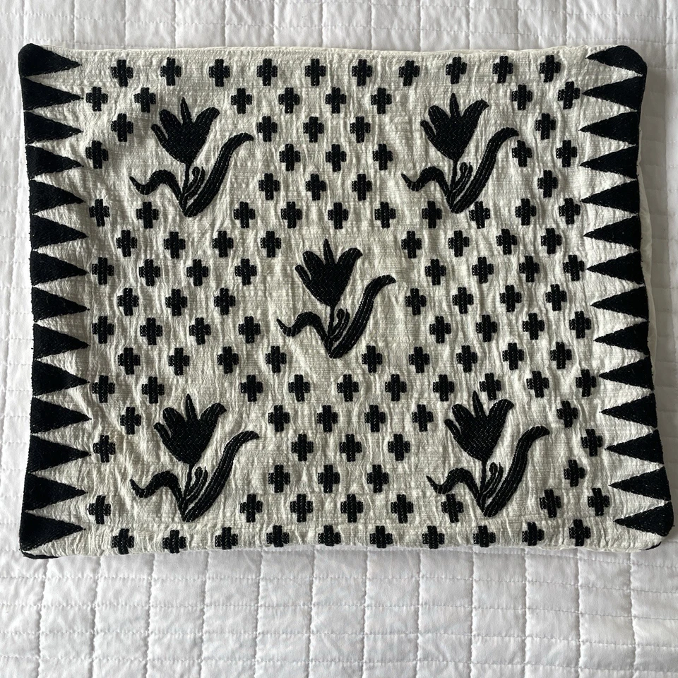 ANTHRO Embroidered Tulip Black & White Decorative Pillow Sham 20” x 26” - Image 1 of 4
