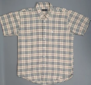 Vintage BURBERRY Shirt Nova Check Button Up Short Sleeve Polo Mens Size Large - Picture 1 of 6