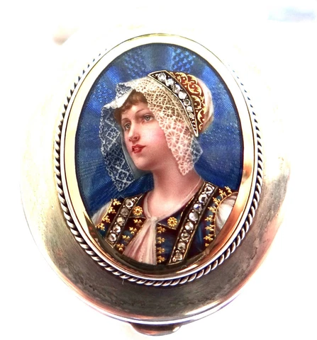 ART NOUVEAU SWISS ENAMEL DIAMOND EMBELISHED STERLING PATCH  BOX POTTER MELLEN Cover