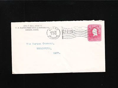 U.S. Rapid Fire Gun and Power Co Derby CT 1907 Flag Cancel Cover Norton Co MA Ø - Image 1 of 2