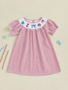 NEW 4th of July Girls Patriotic Smocked Seersucker Short Sleeve Dress - Picture 1 of 5