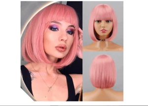 Pink Wigs for Women Synthetic Short Bob Wig with Bangs Glueless Apple pink wig - Picture 1 of 6
