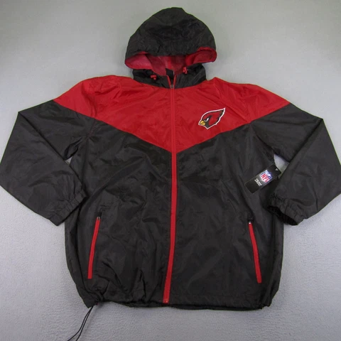 NEW Arizona Cardinals Jacket Mens XL Black Red Full Zip Windbreaker Hooded Coat Cover