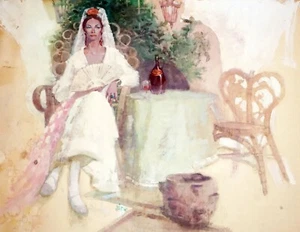 '75 Spanische Gouache Illustration Kunst Gemälde Braut & Wein Milt Kobayashi (NuV) - Bild 1 von 10