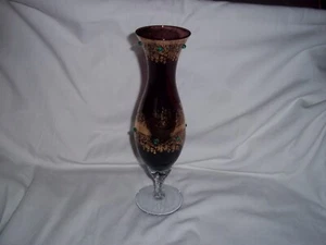 VTG Large Venetian Style Amethyst & Gold Trim Glass Vase W/Green Beads 10"H - Picture 1 of 6
