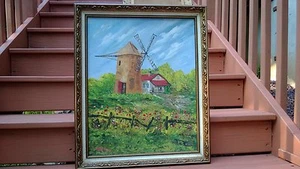 Vintage Original PAINTING OIL ON CANVAS BOARD "WINDMILL AND POPPIES"? Signed - Picture 1 of 10