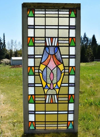 *Large Vintage Art Deco French Stained/Leaded Glass Panel w/Wood Frame Salvage Cover