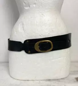 TOPSHOP Black Leather Waist Hip Belt Statement Brass Buckle Size S/M - Picture 1 of 8