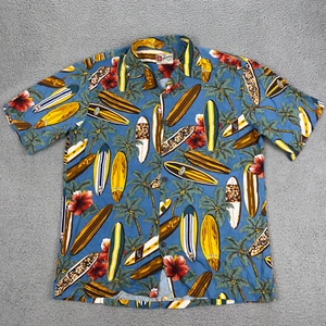 VTG Hilo Hattie Hawaiian Shirt Men L Blue Rayon Surfing Oahu Classic Pipeline - Picture 1 of 9