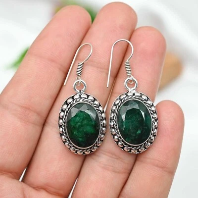 Emerald Lab-Created Hook Earrings Gemstone Handmade 925 Sterling Silver Jewelry - Image 1 of 4