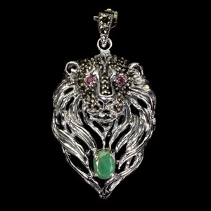 925 Sterling Silverl Pendant Oval Emerald Ruby Marcasite Lion Gemstone Jewelry - Picture 1 of 10