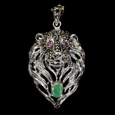 925 Sterlingsilber Anhänger Ovaler Smaragd Rubin Markasit Löwe Edelstein Schmuck - Bild 1 von 4