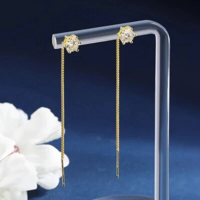 5mm D VVS1 Moissanite Earrings Long Tassel Women Gift 14K Yellow Gold Plated GRA - Image 1 of 4