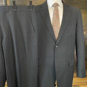 Vinci 44L 36 x 30 2 Piece Black Pinstriped 2 Button Suit Pleated & Cuffed Pants - Picture 1 of 14