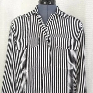 Vintage Notations Black & White Striped Blouse with Front Chest Pockets Size 6P - Picture 1 of 9